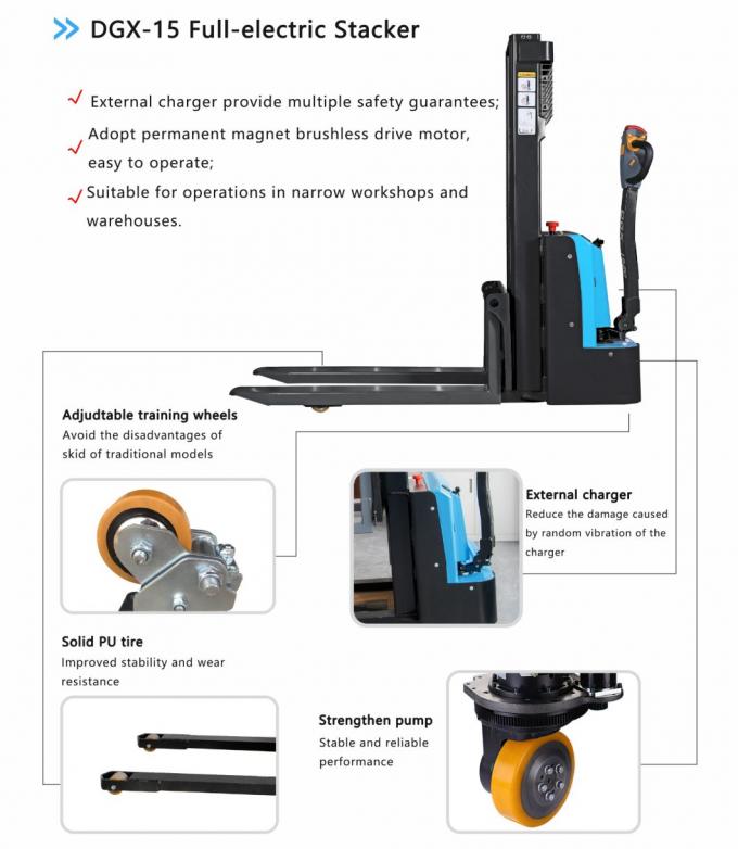 โลดแอซิด เต็มไฟฟ้า Stacker แบตเตอรี่ pallet stacker โฟร์คลิฟท์ยืนบนประสิทธิภาพสูง 0